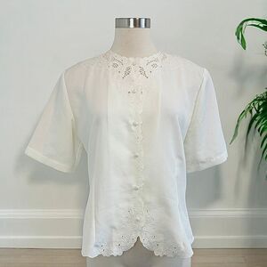 Claudia Richard White Floral Embroidered Cutout Short Sleeve Secretary Blouse 8